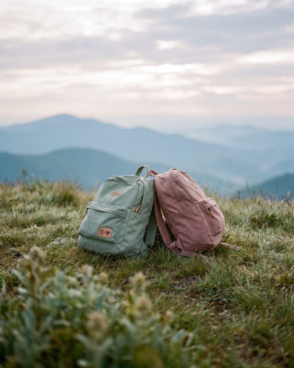 Dua ransel, hijau dan merah muda, bersandar di rumput puncak gunung